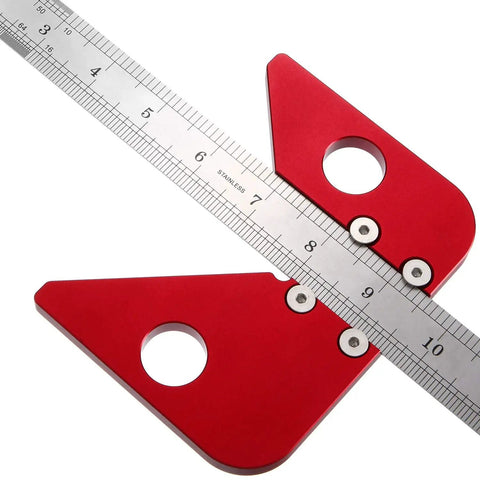 Aluminum Alloy Center Finder Square With 45 Degree Angle Guide Dead Center Layout Tool For Wood And Soft Metal Marking No Fuss Precision Scribing Ruler with steel bar and red exterior.