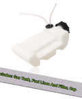 Gas Tank Assembly Replacement With Fuel Lines And Filter Cap For Ryobi Toro Homelite Trimmer Models RY251PH RY252CS RY253SS RY254BC RY252C Includes Cap No Fuss Direct Replacement For Your Trimmer, front view of white tank with black cap and lines