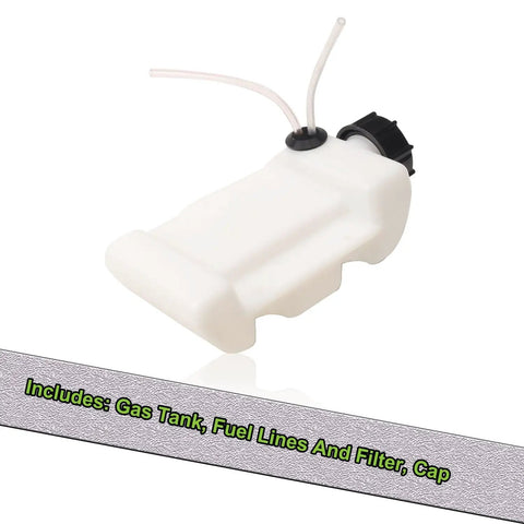 Gas Tank Assembly Replacement With Fuel Lines And Filter Cap For Ryobi Toro Homelite Trimmer Models RY251PH RY252CS RY253SS RY254BC RY252C Includes Cap No Fuss Direct Replacement For Your Trimmer, front view of white tank with black cap and lines