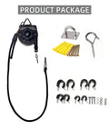 Straight Up Genius For Home EV Charging With This Overhead Retractable Cord Reel package including reel, hooks, and mounting screws.