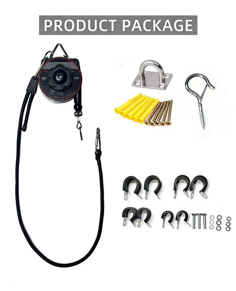 Straight Up Genius For Home EV Charging With This Overhead Retractable Cord Reel package including reel, hooks, and mounting screws.