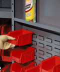Close-up of Deep Door Bin Cabinet With 68 Red Plastic Bins Padlockable Steel Cabinet For Tool And Parts Storage, showing red bins and shelves.