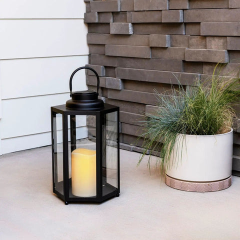 Outdoor Solar Powered Lantern With Flameless Candle For Porch Or Patio, No Fuss Waterproof Black Metal And Glass Hanging Light