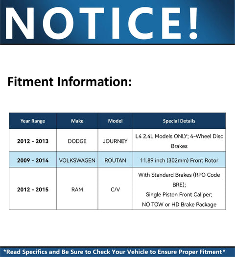 Notice board showing fitment information for Front Brake Kit With Ceramic Rotors And Pads For Chrysler Town And Country Dodge Journey Grand Caravan Ram C V Routan Fits Only Single Piston Front Caliper Includes 11.89 Inch Rotors.