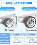 Size comparison of 1 inch and 1.25 inch Mini Side Mount Casters Low Profile Rubber Wheels, showing dimensions and load capacity.