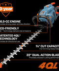 Gas Powered Hedge Trimmer With 26.5cc Engine, 22 Inch Cut Dual Action Blades For Clean, Fast Cuts On Thick Hedges And Shrubs