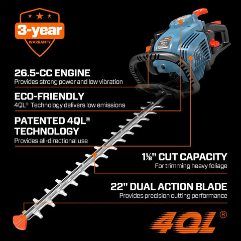Gas Powered Hedge Trimmer With 26.5cc Engine, 22 Inch Cut Dual Action Blades For Clean, Fast Cuts On Thick Hedges And Shrubs