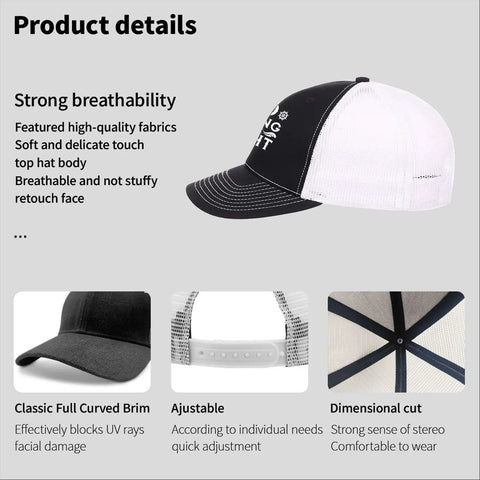 Everyday Men's Breathable Outdoor Trucker Hat For Summer Adventures, adjustable black and white cap with breathable fabric details