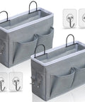 Two Pack Wall Hanging Organizer Bags With Linen Fabric Door Hanging Storage Baskets With Pockets Waterproof Durable Organizer Bin For Kitchen Bedroom Office And RV Camper Gray Finish Upgraded Version, side view with hooks