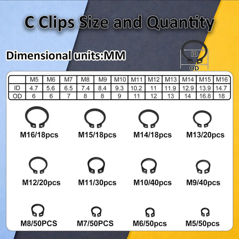 C clips size chart from 850 Piece C Clip And E Clip Retaining Ring Kit With 24 Sizes From M2 To M16 Carbon Steel Heavy Duty Snap Ring Pliers And Tweezers For Auto Repair And DIY Projects.