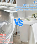 Comparison of tablecloth with and without sturdy stainless steel tablecloth clips, rust proof and heavy duty 6 pack for indoor outdoor use.