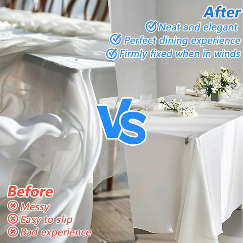 Comparison of tablecloth with and without sturdy stainless steel tablecloth clips, rust proof and heavy duty 6 pack for indoor outdoor use.