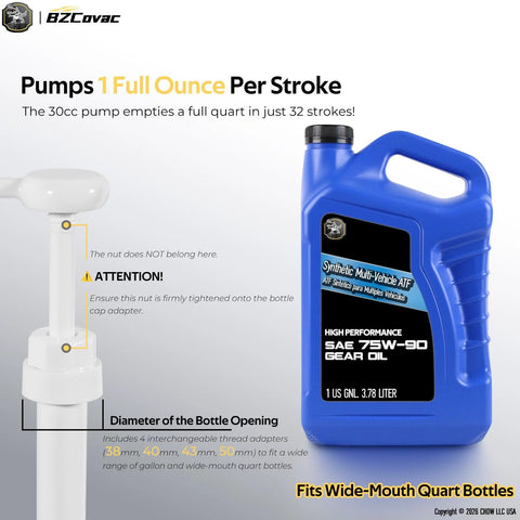 BZCovac 30cc hand oil transfer pump for gallon and wide-mouth quart bottles, transfers gear oil and transmission fluid.