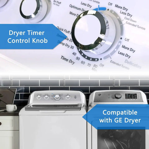 Direct Fit Dryer Timer Control Knob Replacement Compatible With GE General Electric Dryers, chrome knob on appliance.