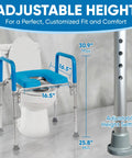 Must-Have Raised Toilet Seat With Handles For Seniors And Elderly Safety, Adjustable Height shown over toilet, blue soft-padded armrests