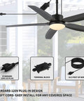 52 inch Outdoor Ceiling Fan with Light, IP65 Waterproof, 6 Speed Remote showing plug-in design and 16.5 feet cord for easy setup.