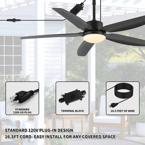 52 inch Outdoor Ceiling Fan with Light, IP65 Waterproof, 6 Speed Remote showing plug-in design and 16.5 feet cord for easy setup.