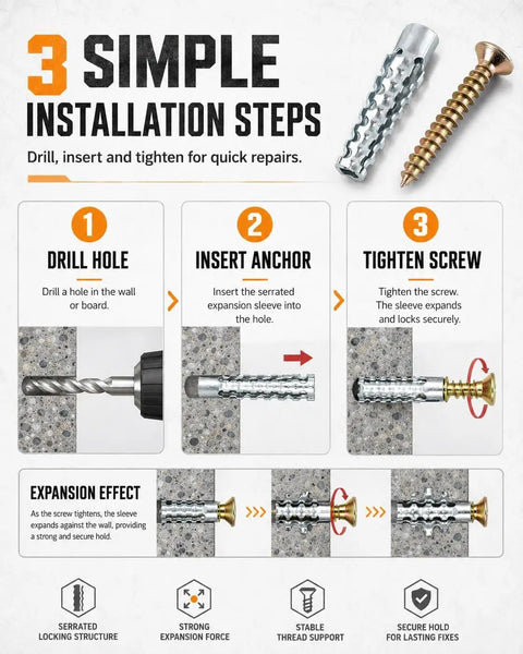 Heavy Duty Stainless Steel Four-Sided Serrated Wall Anchors M6 Set 50 Pieces For Thick Walls Expansion Screws With Reliable Grip And Anti Loosening Fit Ideal For Medium-Duty Mounts And Light Commercial Use, installation steps