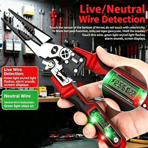 Heavy Duty Four In One Wire Stripping And Testing Pliers All In One Electrician Tool For Stripping Cutting Crimping Twisting Looping Bolt Cutting And Built In Voltage Tester Compact Multi Tool Everyone Needs showing live wire detection display