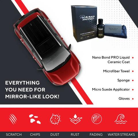 Top view of a red car with 80 Percent SiO2 Nano Ceramic Coating kit, towels, and applicators for paint protection on display.
