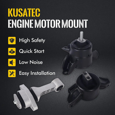 3 Piece Heavy Duty Engine Motor And Transmission Mount Kit With Torque Strut For Hyundai Accent Elantra Veloster showing black and silver mounts.