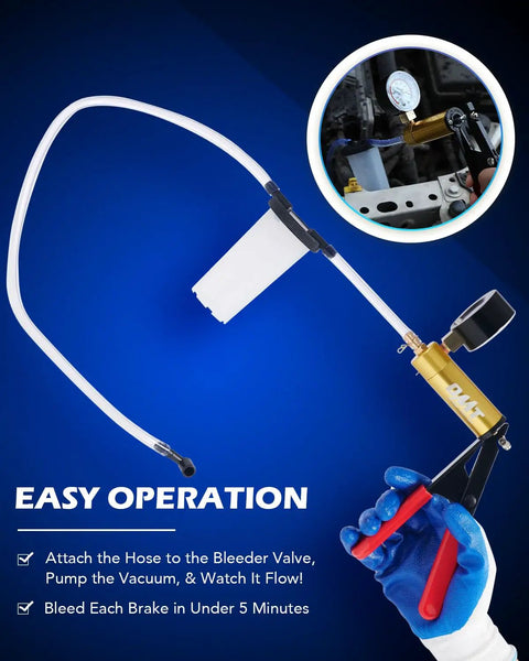 DIY Brake Bleeder Kit With Hand Vacuum Pump And Adapters, hose and pump detail, shown with pressure gauge and easy operation text.