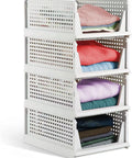 Four Pack Foldable Wardrobe Storage Boxes, Stackable Clothes Drawer Organizers with folded clothes visible