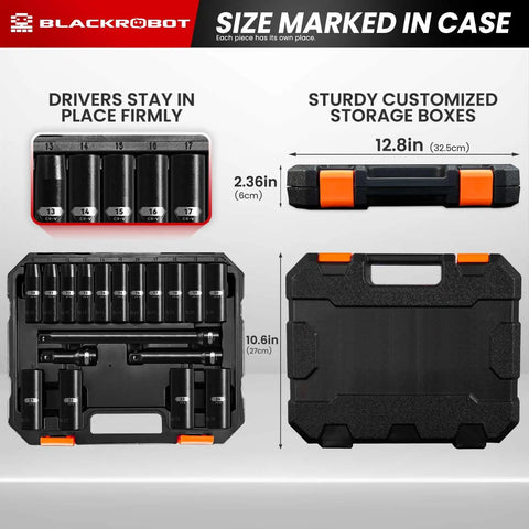 Beefy Eighteen Piece Half Inch Impact Deep Well Metric Socket Set in open and closed storage case