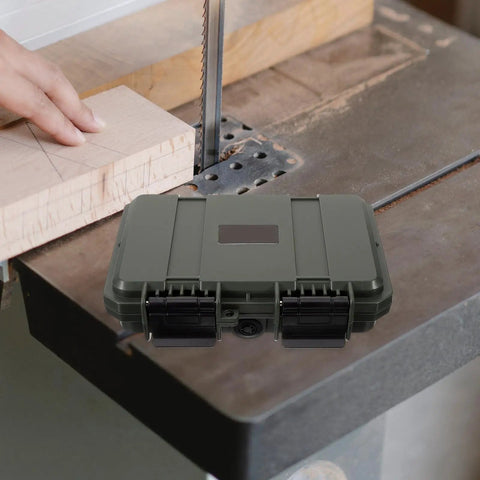 Dang Tough Portable Waterproof Plastic Toolbox With Rugged Latches For Nails Screws And Small Parts on a workbench.