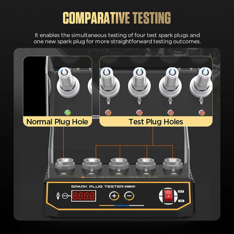 Five Hole Spark Plug Tester With Adjustable RPM 200 To 9999 And Variable Hole Height For 12V Cars And Motorcycles Pro Grade Protective Cover Digital Display Status Indicators Engine Ignition Coil Tester For Quick Spark Plug Comparison, front view