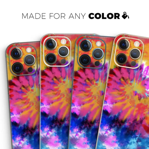 Full Body Skin Wrap Kit for iPhone 11 With Spiral Tie Dye Design on four phones, showing vibrant colors and precise fit