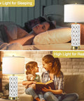 White Ceramic Table Lamp Set Of 2 With Linen Fabric Shades, Modern Farmhouse Nightstand Lamps, 3 Way Dimmable Touch Control LED, Dual USB Ports, Perfect For Living Room Or Bedroom Decor, shown in use for sleeping and reading.
