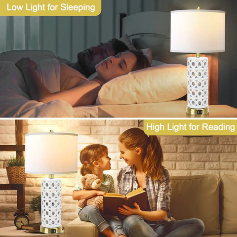 White Ceramic Table Lamp Set Of 2 With Linen Fabric Shades, Modern Farmhouse Nightstand Lamps, 3 Way Dimmable Touch Control LED, Dual USB Ports, Perfect For Living Room Or Bedroom Decor, shown in use for sleeping and reading.