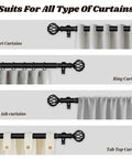 Matte Black Adjustable Curtain Rod 48 To 90 Inches Heavy Duty 1 Inch Drapery Rod For Living Room Bedroom Kitchen Built To Last Sturdy Metal Holds Up To 30 Lbs No Fuss Install shown with different curtain types: eyelet, ring, back tab, tab top.