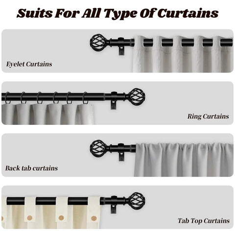 Matte Black Adjustable Curtain Rod 48 To 90 Inches Heavy Duty 1 Inch Drapery Rod For Living Room Bedroom Kitchen Built To Last Sturdy Metal Holds Up To 30 Lbs No Fuss Install shown with different curtain types: eyelet, ring, back tab, tab top.