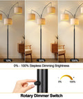 Fully Dimmable Three Light Arc Floor Lamp With Beige Shades showing brightness levels and rotary dimmer for 0-100% adjustment