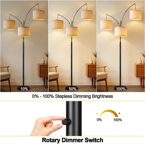 Fully Dimmable Three Light Arc Floor Lamp With Beige Shades showing brightness levels and rotary dimmer for 0-100% adjustment
