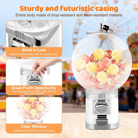White Coin Operated Vending Cabinet And Premium Candy Dispenser For Home Arcade Or Retail Counter Big Time Five Hundred Ball Storage with clear window and durable casing.