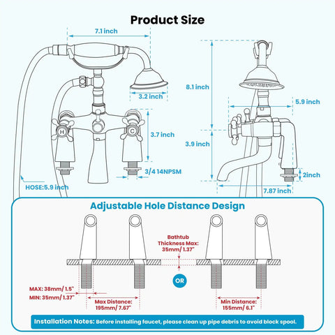 Diagram of Deck Mount Clawfoot Tub Faucet With Telephone Shaped Handheld Shower 6 Inch Center Vintage Style