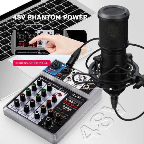 4 Channel Digital USB Bluetooth Audio Mixer with Echo Delay, 48V Phantom Power, connected to laptop and microphone for recording