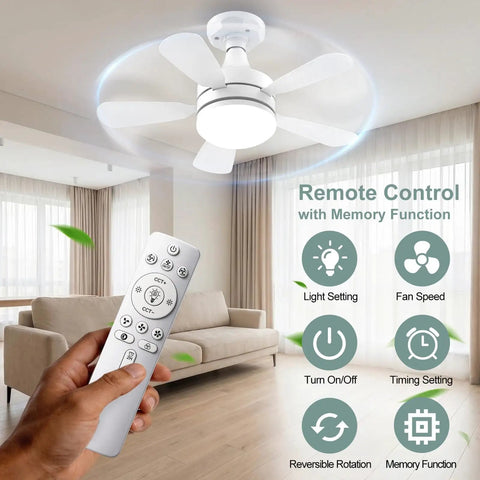 Hand holding remote for Seventeen Point Seven Inch Socket Fan Light With Remote, 3000 Lumens LED Ceiling Fan And Light Kit in living room