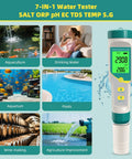 7 In 1 Digital Water Tester For Drinking Water, Wine, Pools, And Soaking Tubs Measures pH, TDS, EC, Salinity, Temperature, ORP, And Specific Gravity With Backlit LCD, High Accuracy, Easy Mode Switch displayed with test applications.