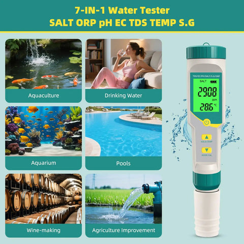 7 In 1 Digital Water Tester For Drinking Water, Wine, Pools, And Soaking Tubs Measures pH, TDS, EC, Salinity, Temperature, ORP, And Specific Gravity With Backlit LCD, High Accuracy, Easy Mode Switch displayed with test applications.