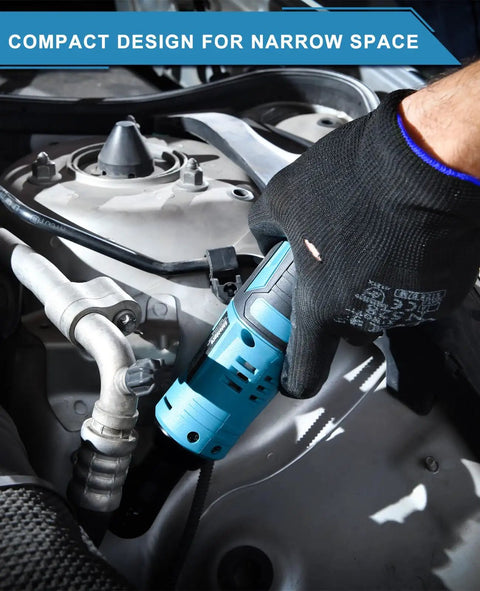 Cordless Electric Ratchet Wrench Kit With Forty Ft Lb Torque, Three Eighths Inch Drive used in tight automotive space