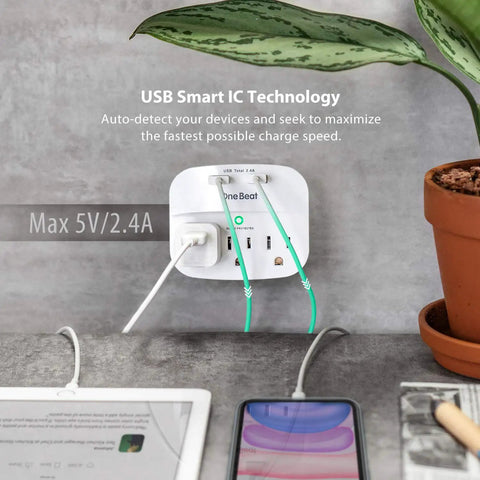 3 Outlet Surge Protector Power Strip With Dual USB Chargers 2.4A Fast Charge 490 Joule Protection ETL Listed Wall Adapter on wall