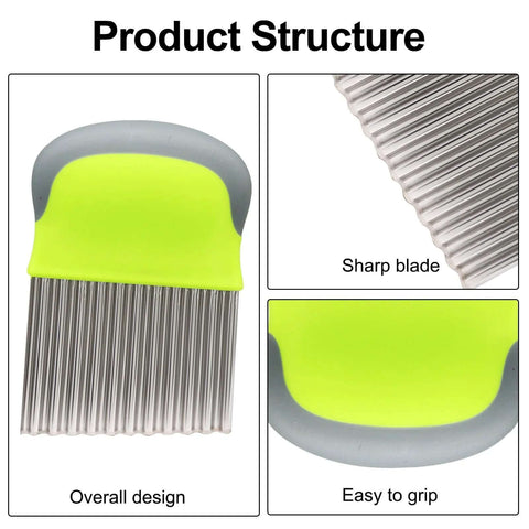 OSVJE two-pack crinkle cutter set with green and gray handle; stainless steel wavy blades; front and blade-closeup views