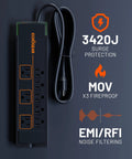 Eight Outlet Surge Protector Power Strip With Slim Profile And 3420 Joules Of Protection For Your TV, Office, Or Gaming Setup, Heavy Duty Overload Guard And Easy Concealment