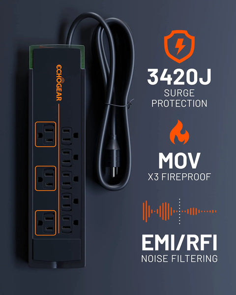 Eight Outlet Surge Protector Power Strip With Slim Profile And 3420 Joules Of Protection For Your TV, Office, Or Gaming Setup, Heavy Duty Overload Guard And Easy Concealment