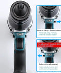 Heavy Duty Cordless Automatic Rivet Gun With Rechargeable Battery M3 To M12 Hex Heads Dual Speed Switch showing buttons and LED lamp.