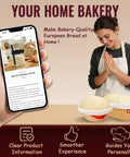 Complete Sourdough Starter Kit With Round 9 Inch Proofing Basket Oval 10 Inch Proofing Baskets 32 Ounce Starter Jar With Linen Cover Silicone Spatula And Essential Bread Baking Tools For Home Kitchen displayed with a smartphone and smiling woman.